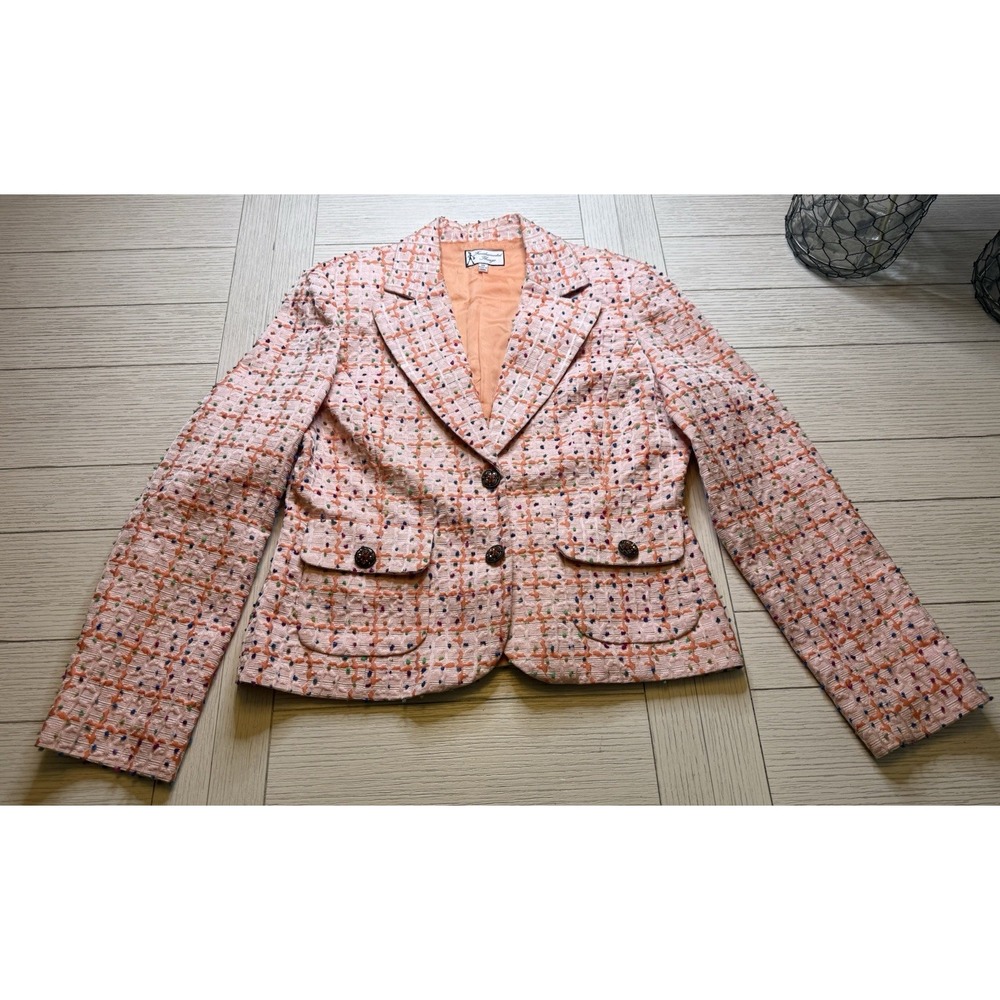 Fundamental Things VTG Pink Tweed Lined Fitted Blazer 2 Jeweled Button Close 10